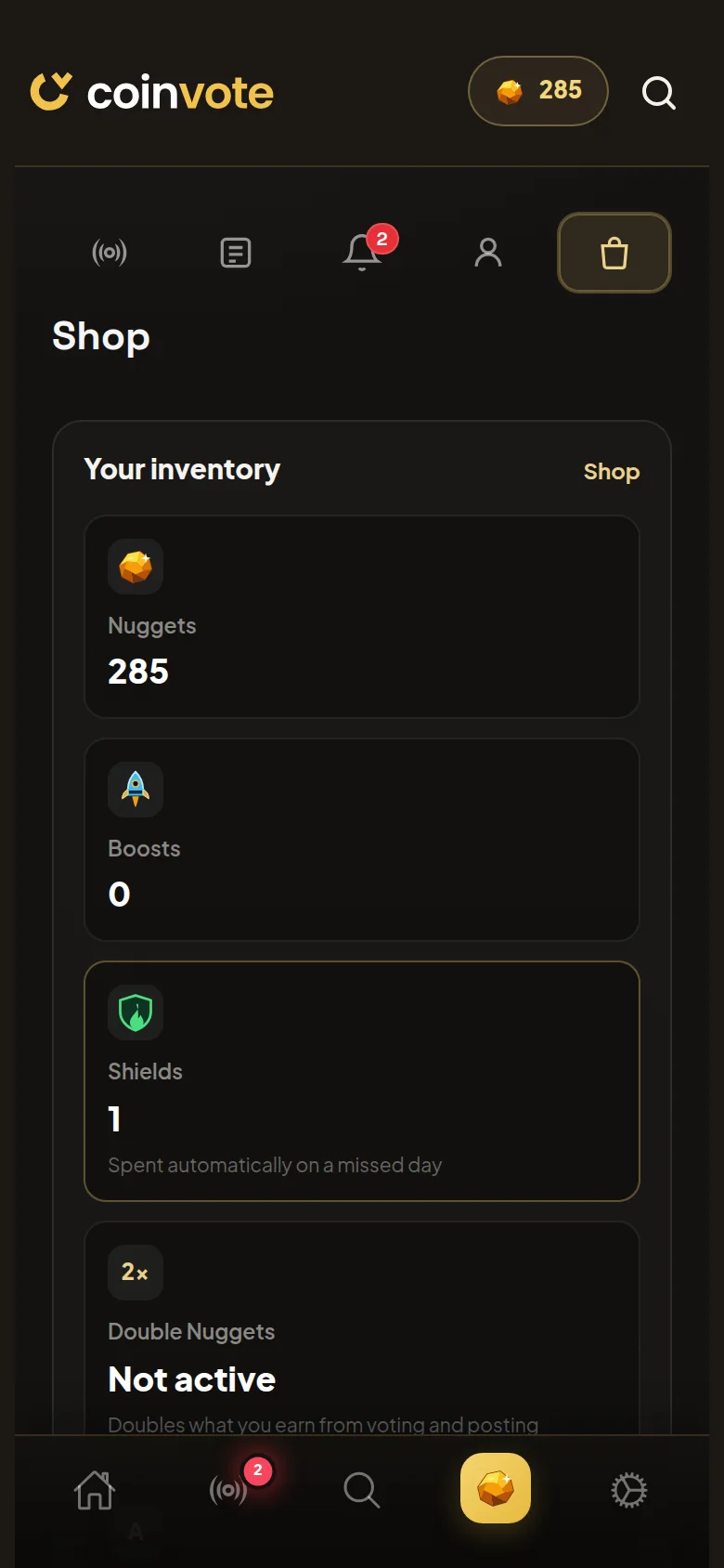 Coinvote Nuggets shop on mobile