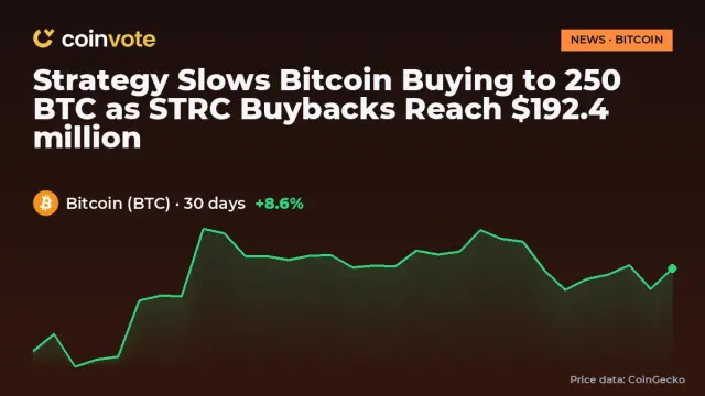 Strategy Slows Bitcoin Buying to 250 BTC as STRC Buybacks Reach $192.4 million